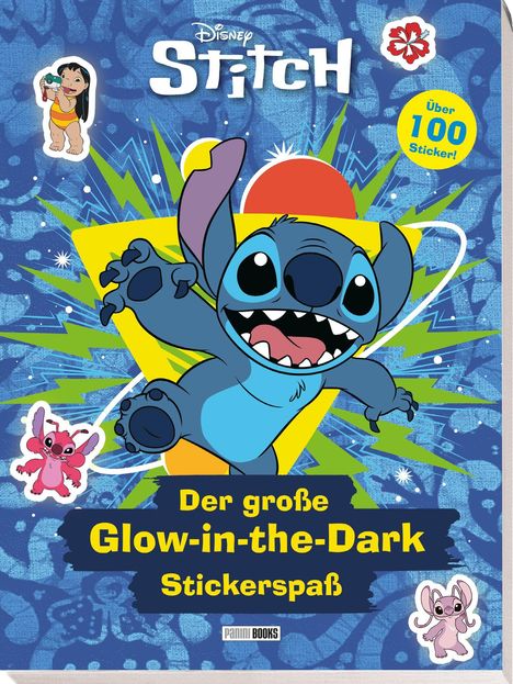 "Der große Glow-in-the-Dark Stickerspaß" mit fröhlicher Figur auf blauem Hintergrund, umgeben von bunten Stickern.