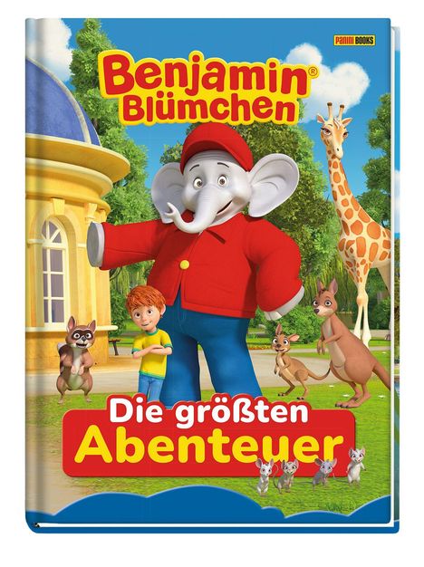 "Benjamin Blümchen", "Die größten Abenteuer." Ein fröhlicher Elefant mit Freunden in einem Park, Illustration.
