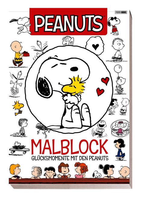 "PEANUTS" und "MALBLOCK GLÜCKSMOMENTE MIT DEN PEANUTS" mit Snoopy, Woodstock und anderen Charakteren in verschiedenen Szenen.