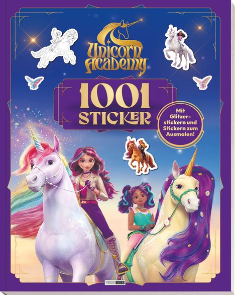 "Unicorn Academy", "1001 Sticker", "Mit Glitzerstickern und Stickern zum Ausmalen!". Zwei Mädchen auf Einhörnern.