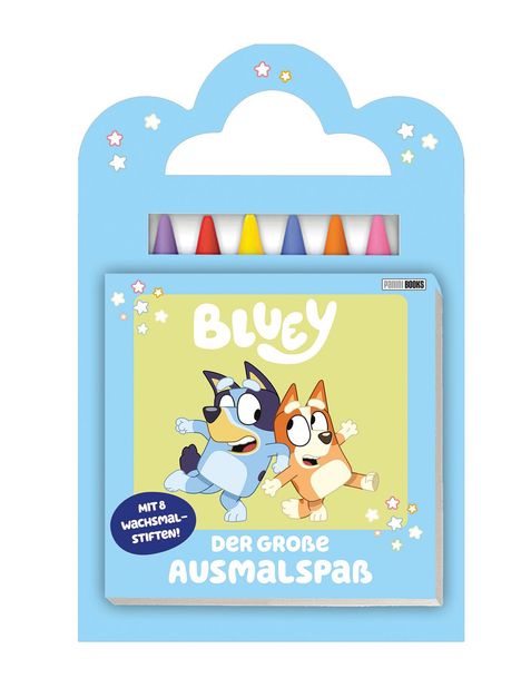 "Bluey" und "Der große Ausmalspaß" stehen auf einer blauen Verpackung mit Wachsmalstiften und Cartoon-Hunden.