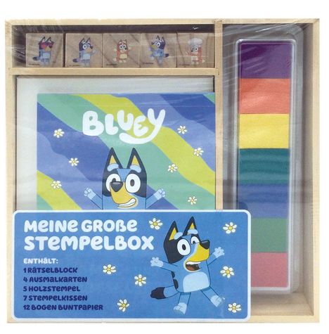 „Meine große Stempelbox“ enthält: 1 Rätselblock, 4 Ausmalkarten, 5 Holzstempel, 7 Stempelkissen, 12 Bögen Buntpapier.