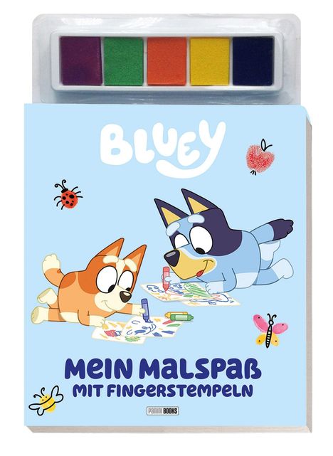 "Mein Malspaß mit Fingerstempeln", zwei Cartoon-Hunde malen. Helle Farben, Marienkäfer, Schmetterling und Biene sind sichtbar.