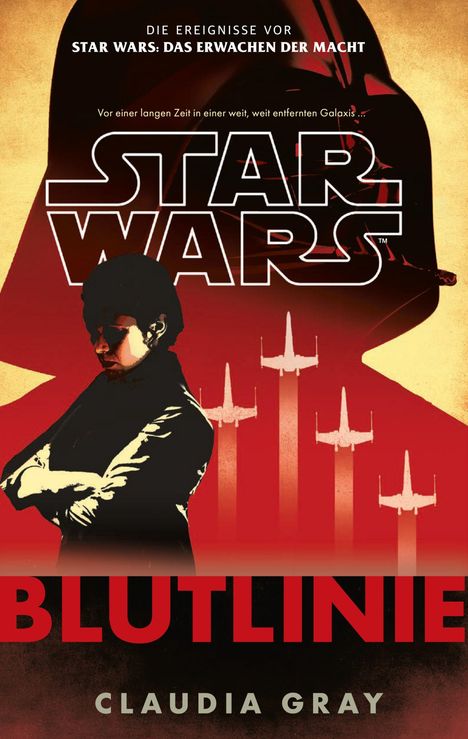 Oben Text: "Die Ereignisse vor Star Wars: Das Erwachen der Macht." Unten: "BLUTLINIE" von "Claudia Gray." Illustration: Person vor rotem Hintergrund.