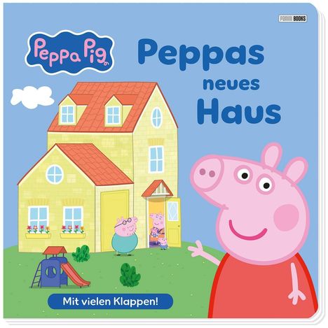 "Peppas neues Haus" in blauer Schrift, gelbes Haus, Peppa Wutz winkt.
