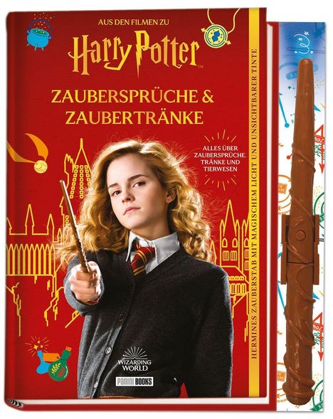 "Zaubersprüche & Zaubertränke" steht auf einem roten Buchcover mit einer Figur, die einen Zauberstab hält.
