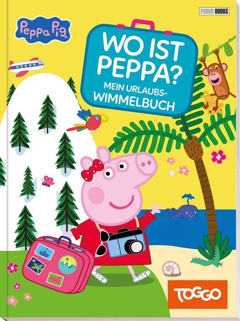 "WO IST PEPPA? MEIN URLAUBS-WIMMELBUCH" steht auf einem Koffer. Peppa Wutz mit Kamera, Koffer, Bäumen und Tieren.
