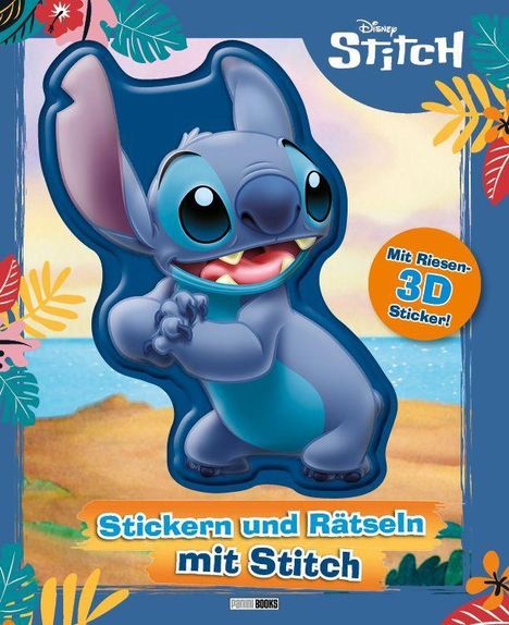 "Stickern und Rätseln mit Stitch", "Mit Riesen-3D-Sticker!", blaue Figur mit großen Ohren, bunter tropischer Hintergrund.