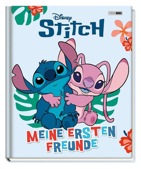 "Stitch", "MEINE ERSTEN FREUNDE". Zwei bunte Figuren, blauer und rosa Alien, umarmen sich fröhlich vor tropischem Hintergrund.