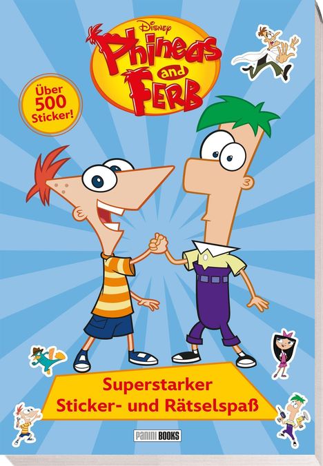 „Über 500 Sticker! Superstarker Sticker- und Rätselspaß.“ Illustration mit zwei Cartoon-Figuren, fröhlich und bunt.