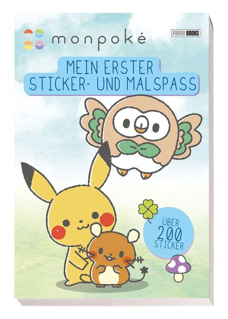 „Mein erster Sticker- und Malspaß“ und „Über 200 Sticker“; Pikachu, Eule und Maus auf pastellfarbenem Hintergrund.