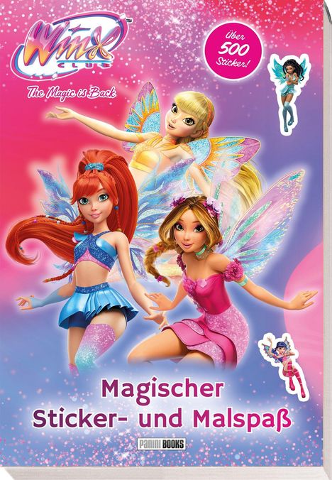 „Magischer Sticker- und Malspaß“. Feenfiguren mit bunten Flügeln auf rosa Hintergrund, „über 500 Sticker!“