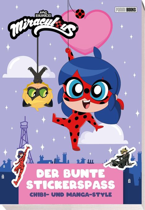„DER BUNTE STICKERSPASS CHIBI- UND MANGA-STYLE.“ Fröhliche, cartoonhafte Figuren vor lilafarbenem Himmel mit Herz.