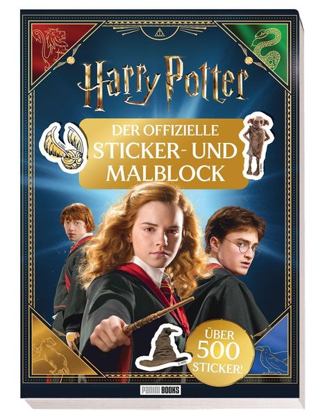 "Harry Potter: Der offizielle Sticker- und Malblock. Über 500 Sticker!" Darunter drei junge Figuren in Roben mit Zauberstäben.