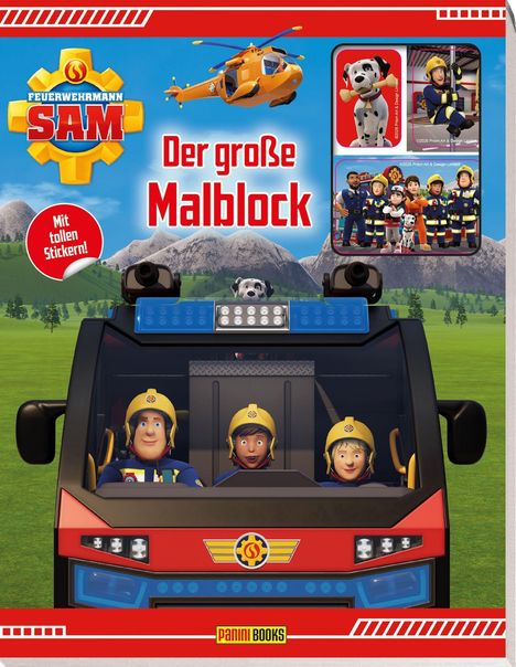 "Feuerwehrmann Sam", "Der große Malblock", "Mit tollen Stickern". Ein rotes Feuerwehrauto mit drei Figuren vorne.