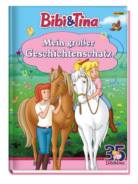 Text: "Bibi & Tina", "Mein großer Geschichtenschatz", "35 Jahre Bibi & Tina". Illustration mit zwei Mädchen und Pferden.