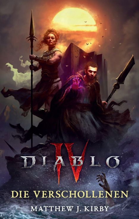 "Diablo IV: Die Verschollenen" von Matthew J. Kirby. Zwei Figuren vor einem großen, leuchtenden Sonnenuntergang.