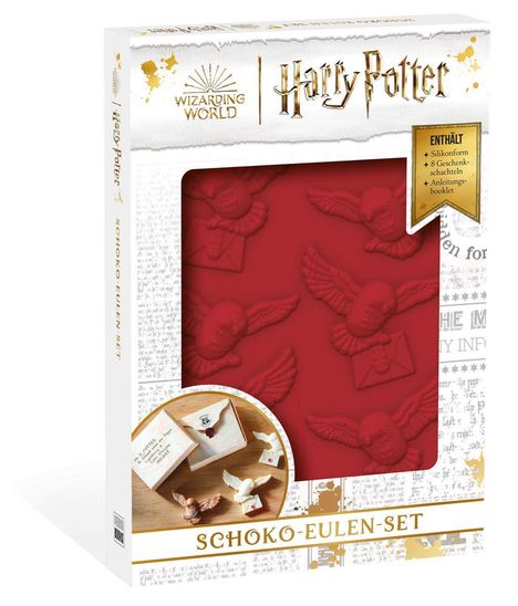 "Wizarding World", "Harry Potter", "Schoko-Eulen-Set". Rote Silikonform mit Eulen, Umschlägen; Set zeigt Schokoladeneulen.