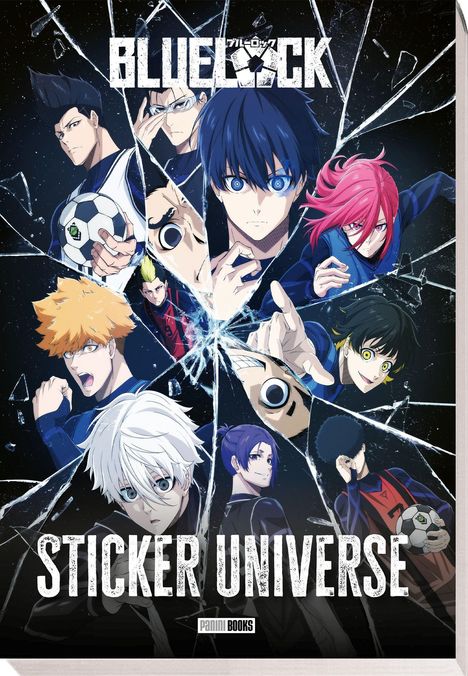 "BLUELOCK", "STICKER UNIVERSE", "Panini Books". Anime-Charaktere vor zersplittert wirkendem Hintergrund.