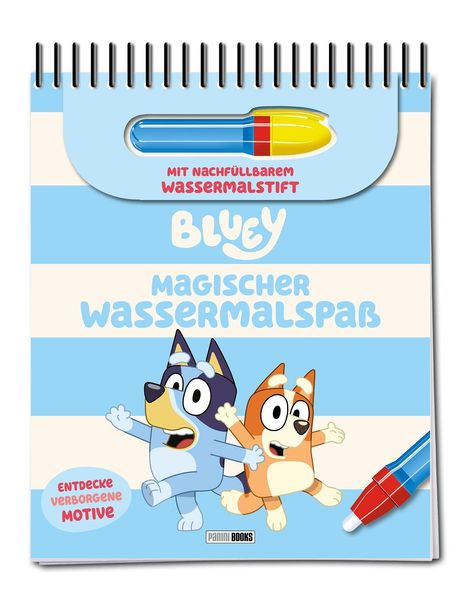 „Mit nachfüllbarem Wassermalstift. Bluey Magischer Wassermalspaß. Entdecke verborgene Motive.“  
Illustration: Zwei fröhliche Hunde.