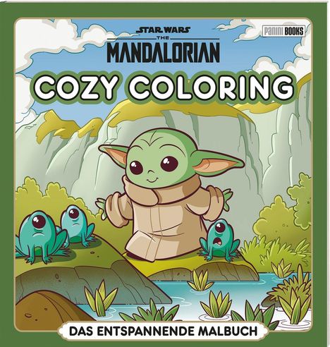 "COZY COLORING. DAS ENTSPANNENDE MALBUCH." Illustration mit grünem Wesen, Berge und Froschfiguren am Wasser.