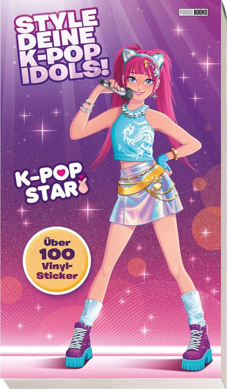 „STYLE DEINE K-POP IDOLS!” und „Über 100 Vinyl-Sticker”. Illustration eines Mädchens mit Mikrofon, modisch und bunt gekleidet.