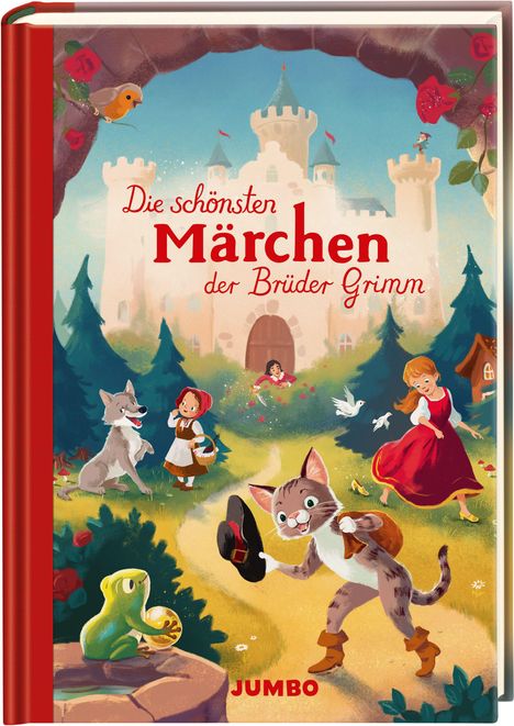 „Die schönsten Märchen der Brüder Grimm“ in roter Schrift. Illustration mit Figuren aus Märchen, Schloss und Wald.