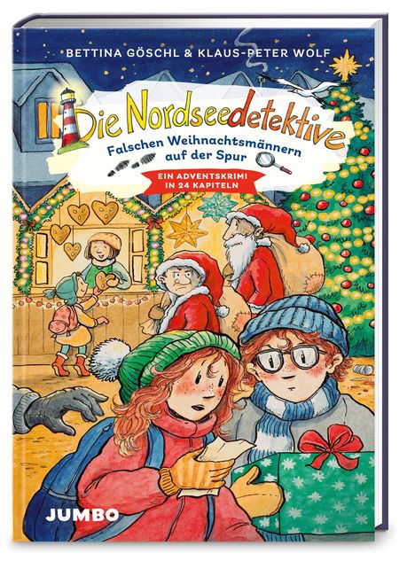 "Die Nordseedetektive, Falschen Weihnachtsmännern auf der Spur: Ein Adventskrimi in 24 Kapiteln." Zwei Kinder, Weihnachtsmarkt.