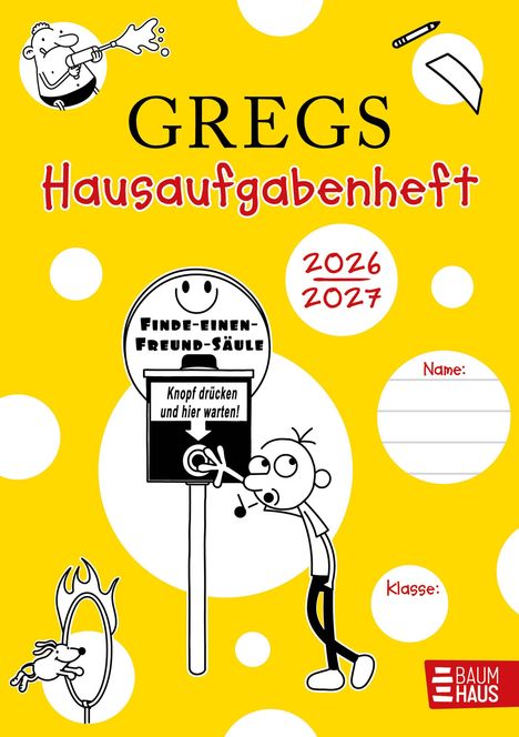GREGS Hausaufgabenheft 2026/2027. Illustration mit Figur, die an einer "Finde-einen-Freund-Säule" steht.