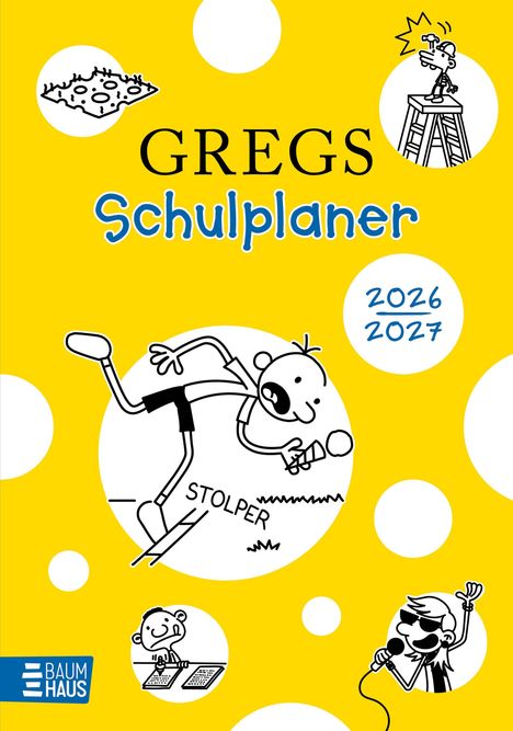 "GREGS Schulplaner 2026/2027. Illustration mit comicartigen Figuren auf gelbem Hintergrund mit großen Punkten."