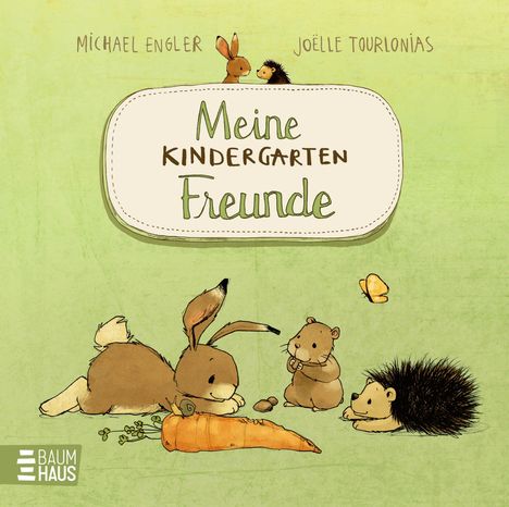 "Meine Kindergarten Freunde" steht in der Mitte. Illustration: Ein Hase, Igel und Hamster umgeben eine Karotte.