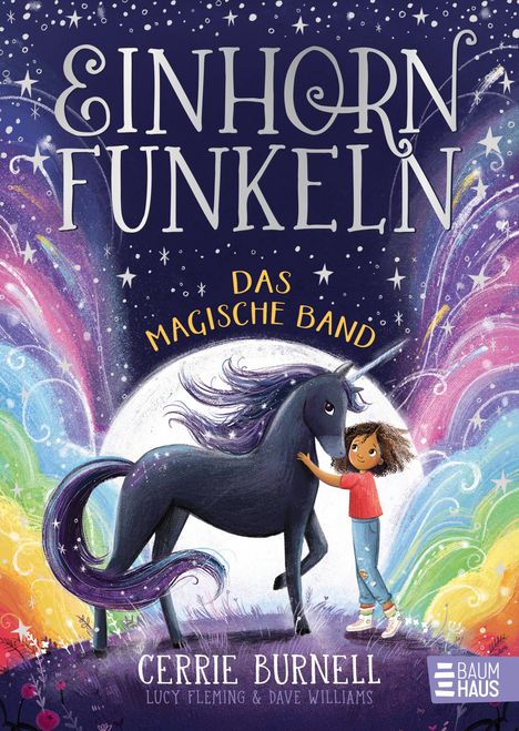 "EINHORN FUNKELN" und "DAS MAGISCHE BAND" stehen über einem dunkelblauen Einhorn und einem Kind, umgeben von Sternen und Regenbogenfarben.