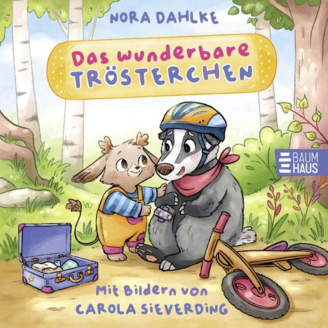 "Das wunderbare Trösterchen." Illustration: Ein Tier in Latzhose tröstet ein anderes mit Helm; Koffer und Rad liegen daneben.