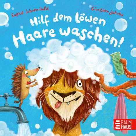 "Hilf dem Löwen Haare waschen!" Löwe mit Schaum, Igel, tentakelartige Arme mit Kamm, Wasserhahn. Fröhliche Illustration.