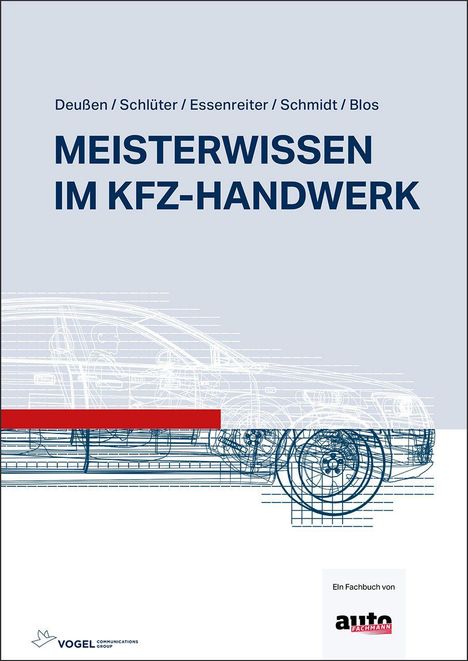 "MEISTERWISSEN IM KFZ-HANDWERK" in großen blauen Buchstaben. Schematische Auto-Zeichnung im Hintergrund.