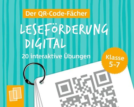 "Der QR-Code-Fächer. Leseförderung Digital. 20 interaktive Übungen. Klasse 5-7." Illustration, blauer Hintergrund.