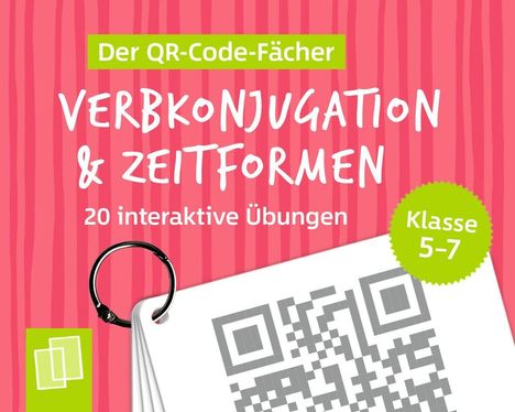 "Der QR-Code-Fächer: Verbkonjugation & Zeitformen, 20 interaktive Übungen, Klasse 5-7." Illustration mit QR-Code und Ringbuch.
