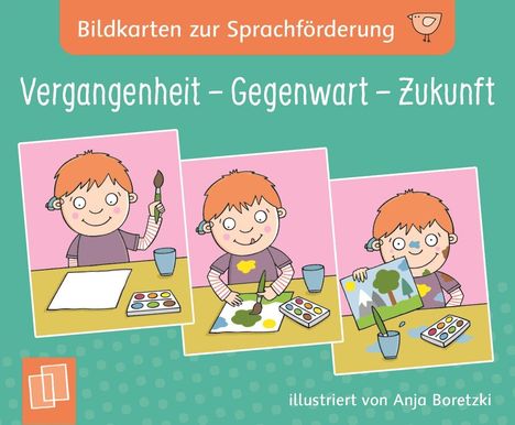 "Bildkarten zur Sprachförderung. Vergangenheit – Gegenwart – Zukunft. Illustrationen zeigen ein Kind beim Malen. Illustriert von Anja Boretzki."