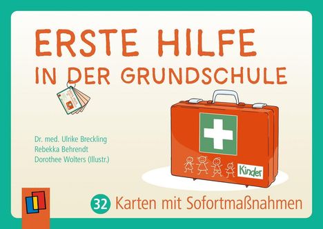 "ERSTE HILFE IN DER GRUNDSCHULE"
Illustration: Ein roter Erste-Hilfe-Kasten mit Kreuz und Kinderzeichnungen.