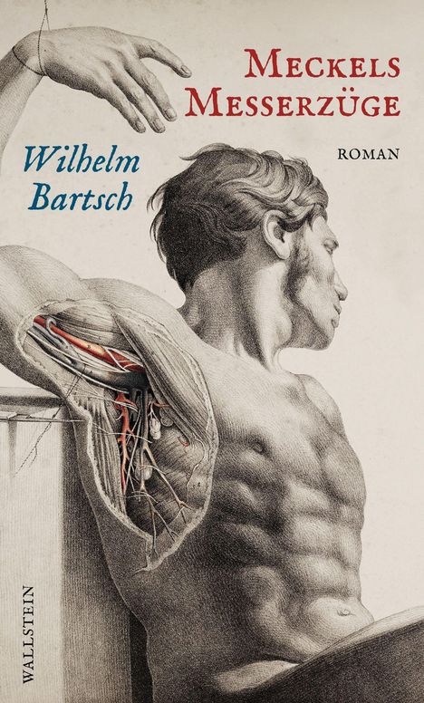 "Meckels Messerzüge" und "Wilhelm Bartsch" in stilisierter Schrift. Anatomische Illustration eines muskulösen Mannes.