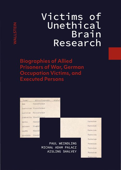 "Victims of Unethical Brain Research" in weißer Schrift auf dunklem Hintergrund, darunter rote und weiße Textpassagen.