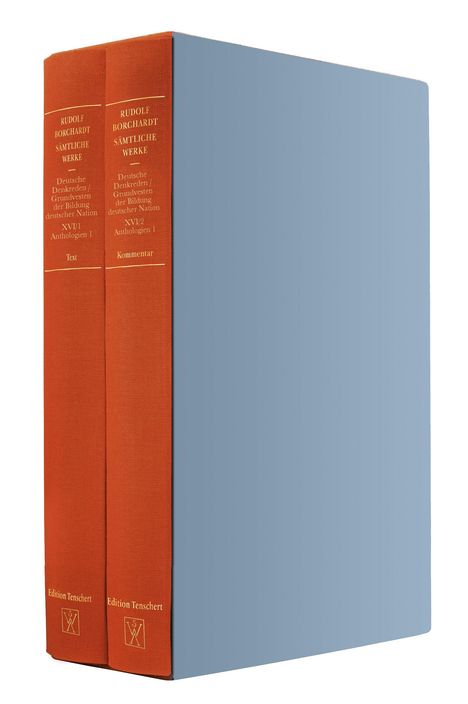 Zwei rote Buchrücken: "Rudolf Borchardt Sämtliche Werke. Text" und "Kommentar". Bücher sind in einem blauen Schuber.