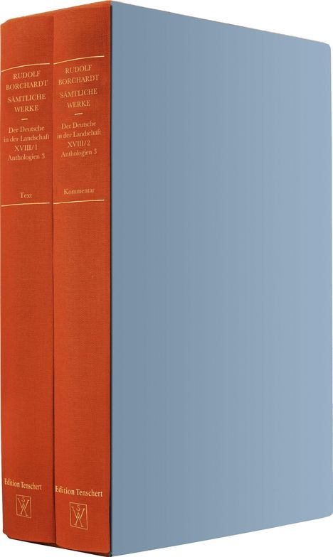 Zwei rote Buchrücken mit goldener Schrift: "RUDOLF BORCHARDT SÄMTLICHE WERKE". Rechts ist ein hellblaues Buch sichtbar.