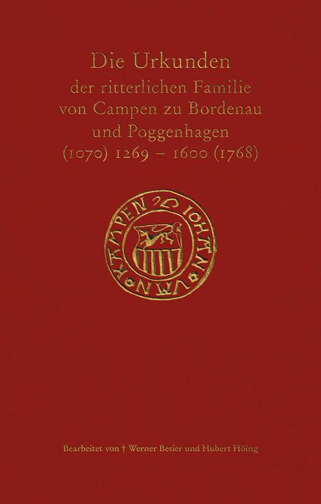 Roter Hintergrund mit goldener Inschrift über Urkunden der Familie von Campen zu Bordenau, Wappen in der Mitte.