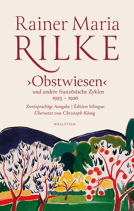 "Obstwiesen" und andere Zyklen. Zweisprachige Ausgabe. Illustration von Bäumen mit roten, gelben Früchten und grünen Blättern.