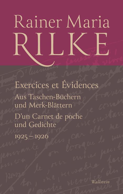 Buchcover: "Rainer Maria Rilke. Exercices et Évidences... 1925-1926" in eleganter Schrift auf rotem und grauem Hintergrund.