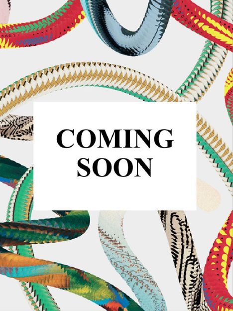 Text: "COMING SOON". Farbige, gewundene Muster in Schlangenform umrahmen zentralen Text.