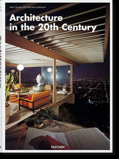 "Architecture in the 20th Century" steht prominent über einem modernen Wohnzimmer mit Glaswänden und Stadtblick.