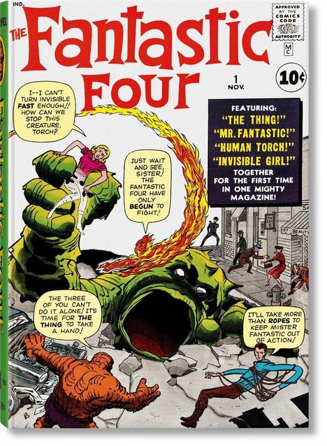 „The Fantastic Four“ in roter Schrift. Figuren kämpfen gegen ein grünes Monster. Dialoge in Sprechblasen. Comic-Cover.