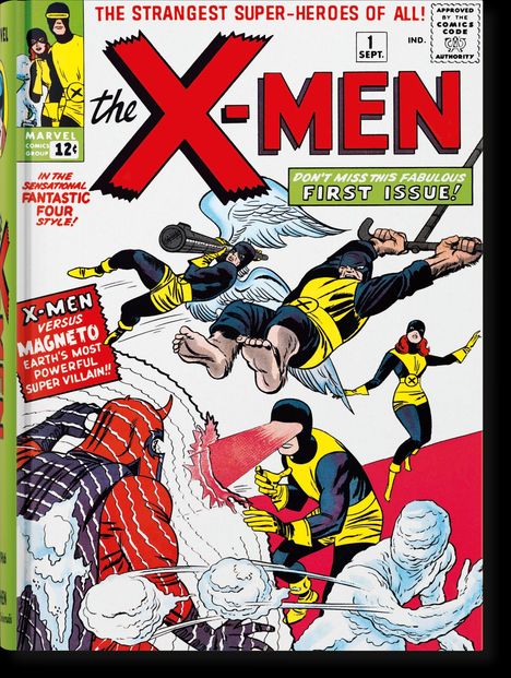 Text: "The strangest super-heroes of all!", "The X-Men", "Don't miss this fabulous first issue!", "X-Men versus Magneto". Illustration von Superhelden im Kampf.